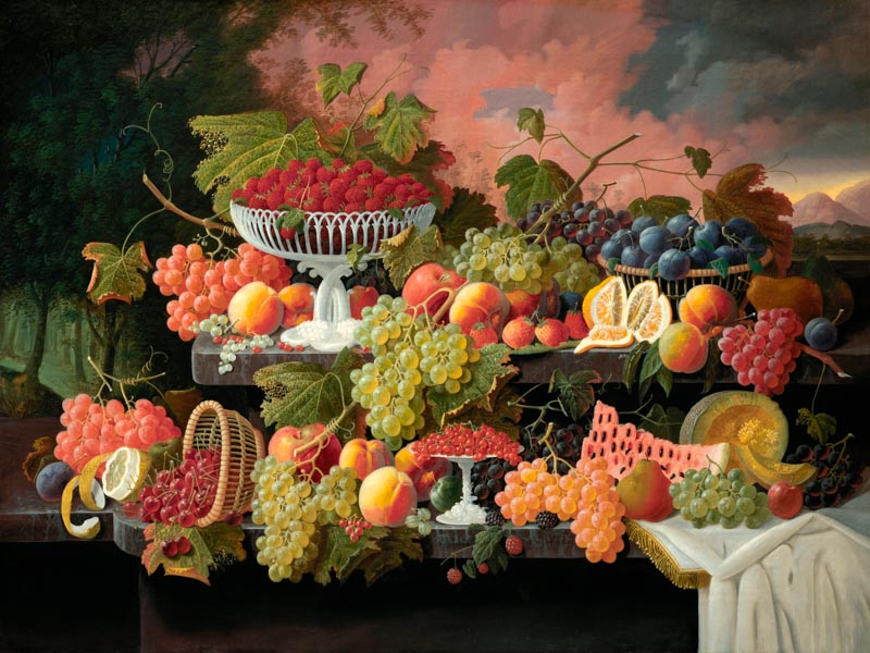 Two-Tiered Still Life with Fruit and Sunset Landscape - obrazarna.cz